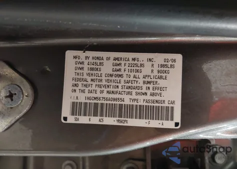 2006 Honda Accord 2.4 Ex from USA, damaged, VIN 1HGCM56756A096554